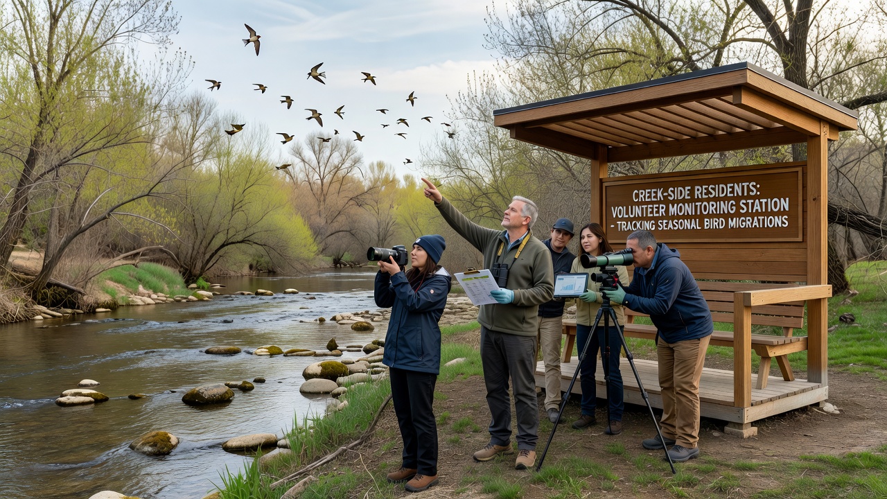 Close-up of bird identification charts and recorded migration data sheets at a creek monitoring station